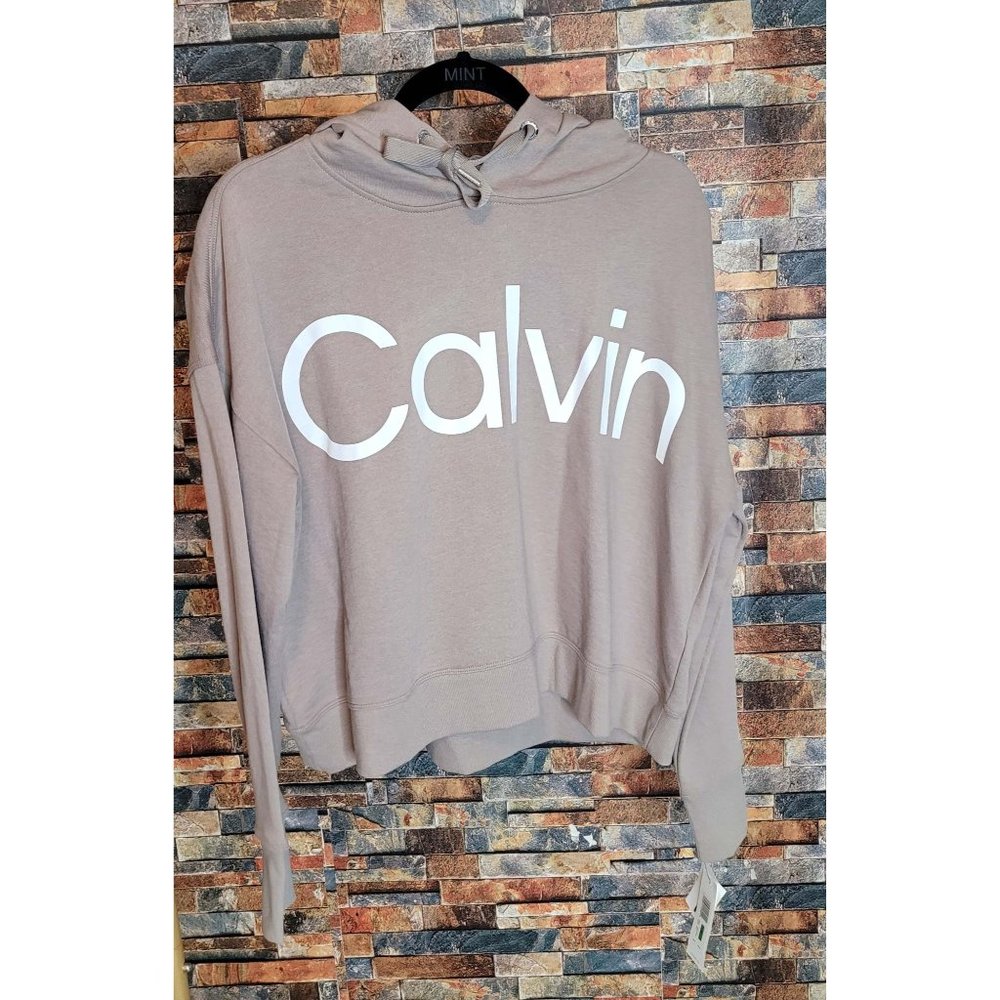 Calvin Klein Women's Taupe Crop Hoodie with Iconic Logo Detailing